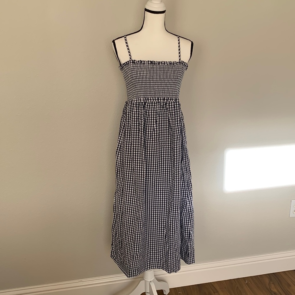 J. Crew Smocked Navy Gingham Midi Maxi Dress - Size M